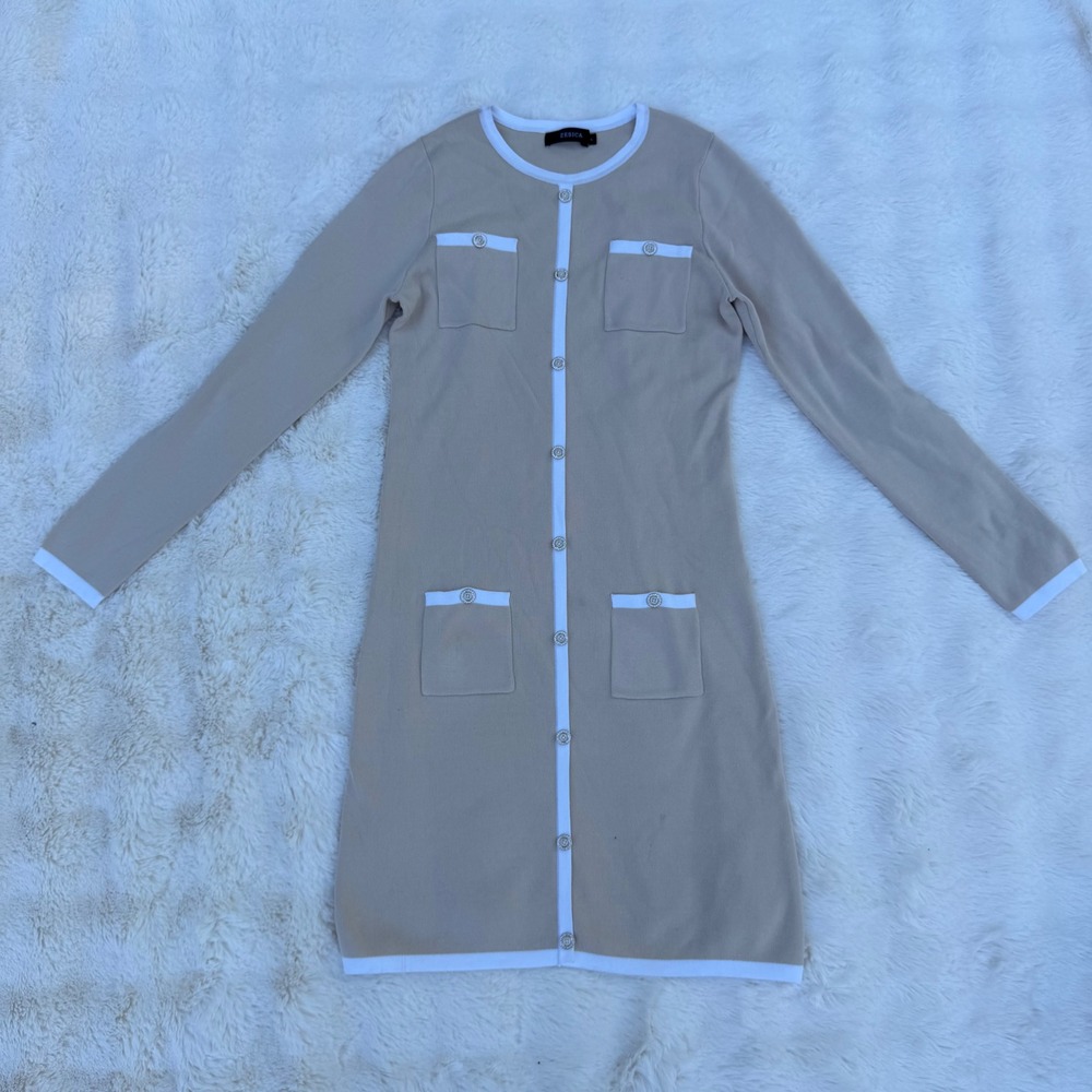 ZESICA Tan White Knit Button Front Midi Dress Rhinestone Buttons Preppy Small - Picture 7 of 8